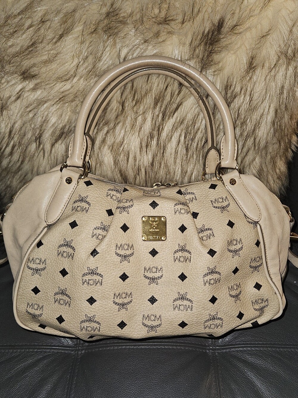 MCM Beige Visetos Monogram Dome Satchel with Gold Plaque